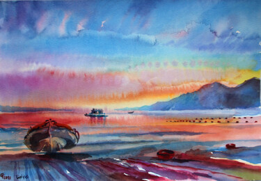 Pintura intitulada "Red Sunset" por Lena Tolunay, Obras de arte originais, Aquarela