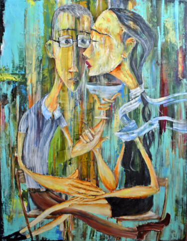 Painting titled "Romantic whisper" by Aleksei, Original Artwork, Oil Mounted on Wood Stretcher frame