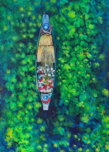 Картина под названием "Water lilies on the…" - Leo,Keihung Yip, Подлинное произведение искусства, Акрил Установлен на Деревя…