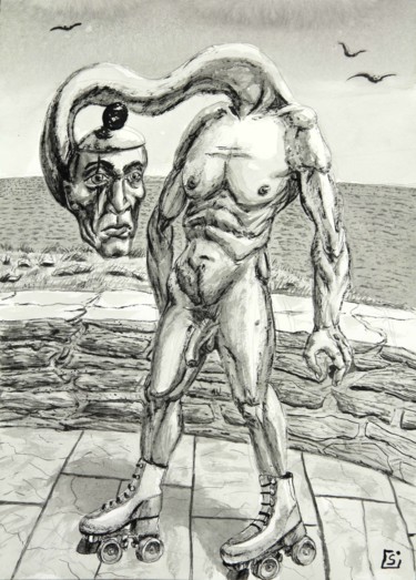 Tekening getiteld "Promenade à la mer" door Leosk, Origineel Kunstwerk, Inkt