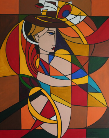 Schilderij getiteld "A Dama de Chapéu" door Leonardo Nogueira, Origineel Kunstwerk, Acryl