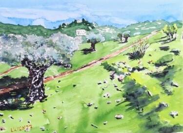 Painting titled "The olive grove" by Leonid Kirnus, Original Artwork, Watercolor