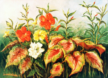 Painting titled "FIORI DI IBISCO E B…" by Leonida Beltrame, Original Artwork, Oil