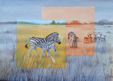 Painting titled "Zebras and Impala" by Leonora De Lange, Original Artwork, Oil Mounted on Wood Stretcher frame