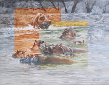 Malarstwo zatytułowany „Hippo Hole” autorstwa Leonora De Lange, Oryginalna praca, Olej Zamontowany na Drewniana rama noszy