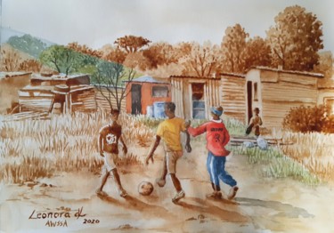 Painting titled "Playing Soccer" by Leonora De Lange, Original Artwork, Watercolor