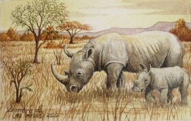 "Rhino Mom and Calf…" başlıklı Tablo Leonora De Lange tarafından, Orijinal sanat, Suluboya