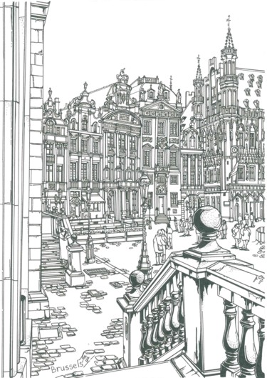 Zeichnungen mit dem Titel "Brussels Grand Place" von Lera Ryazanceva, Original-Kunstwerk, Tinte
