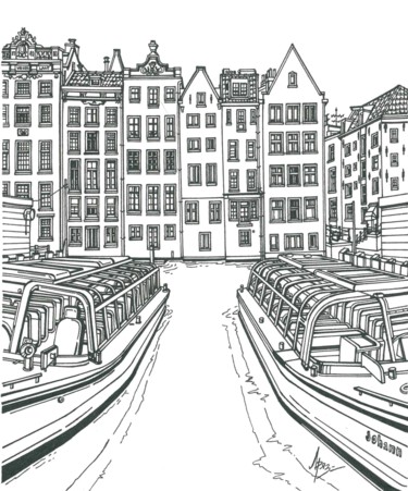Desenho intitulada "Amsterdam Canal" por Lera Ryazanceva, Obras de arte originais, Tinta