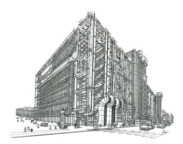 Disegno intitolato "The Centre Pompidou…" da Lera Ryazanceva, Opera d'arte originale, Inchiostro