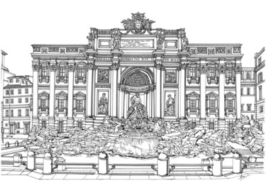 Dessin intitulée "The Trevi Fountain" par Lera Ryazanceva, Œuvre d'art originale, Encre