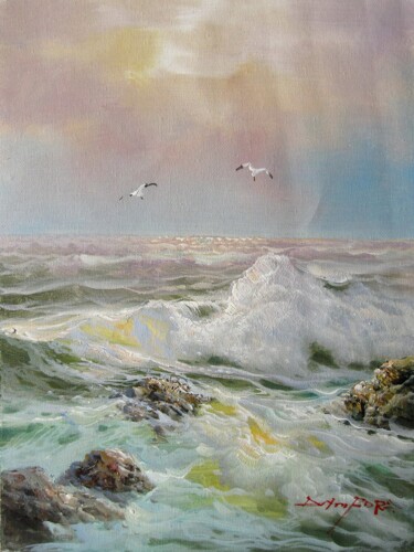 Картина под названием "Seawave 021" - Lermay Chang, Подлинное произведение искусства, Масло Установлен на Деревянная рама дл…
