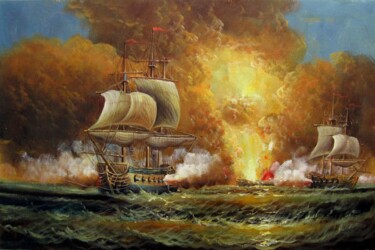 Painting titled "Naval battle 104" by Lermay Chang, Original Artwork, Oil Mounted on Wood Stretcher frame