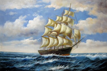 「Tall Ship sailing 1…」というタイトルの絵画 Lermay Changによって, オリジナルのアートワーク, オイル ウッドストレッチャーフレームにマウント