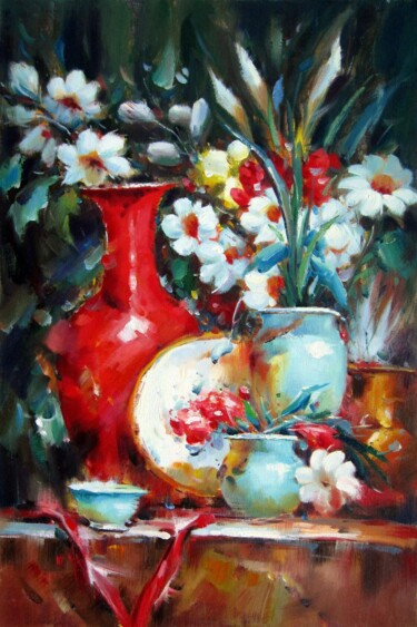 Painting titled "Flower china 002" by Lermay Chang, Original Artwork, Oil Mounted on Wood Stretcher frame
