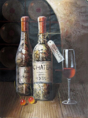 Schilderij getiteld "Wine 331" door Lermay Chang, Origineel Kunstwerk, Olie Gemonteerd op Frame voor houten brancard