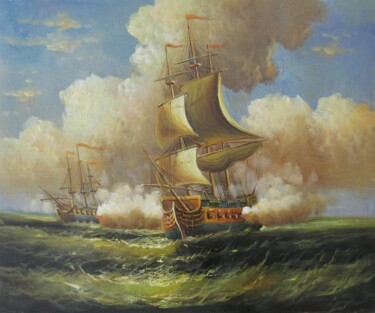 Painting titled "Naval battle 002" by Lermay Chang, Original Artwork, Oil Mounted on Wood Stretcher frame