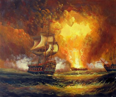 Painting titled "Naval battle 001" by Lermay Chang, Original Artwork, Oil Mounted on Wood Stretcher frame