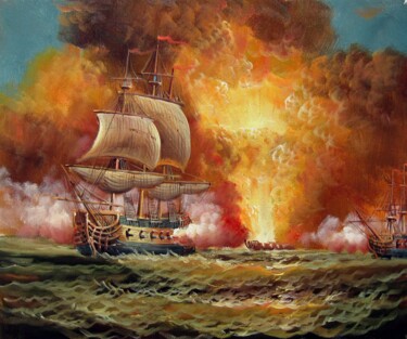 Painting titled "Naval battle 016" by Lermay Chang, Original Artwork, Oil Mounted on Wood Stretcher frame