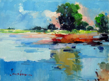 Painting titled "Riverside 102" by Lermay Chang, Original Artwork, Oil Mounted on Wood Stretcher frame