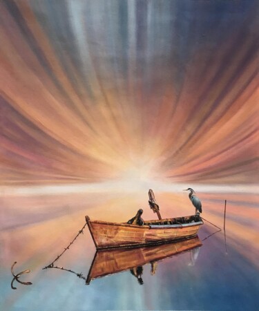 Painting titled "Crane on boat" by Lermay Chang, Original Artwork, Oil Mounted on Wood Stretcher frame