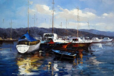 Painting titled "Yacht 021" by Lermay Chang, Original Artwork, Oil Mounted on Wood Stretcher frame