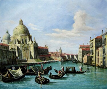 Painting titled "Venice scene vintag…" by Lermay Chang, Original Artwork, Oil Mounted on Wood Stretcher frame