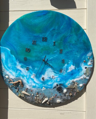 Design titled "Horloge "Plage Océa…" by Les Résines De Caroline, Original Artwork, Accessories Mounted on Wood Stretcher fra…