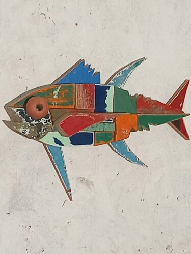 Sculptuur getiteld "petit poisson mosaï…" door Jean René Petibon, Origineel Kunstwerk, Hout