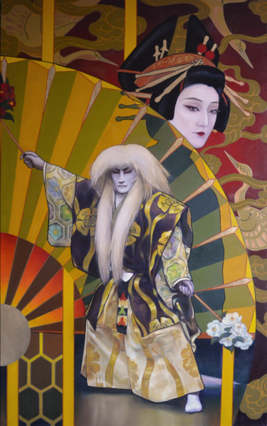 Painting titled "Lion dance. Kabuki." by Nataliya Lesnykh, Original Artwork, Oil
