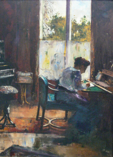 Schilderij getiteld "Femme au bureau" door Lesser Ury, Origineel Kunstwerk, Olie