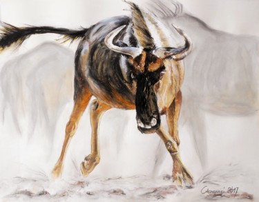 Schilderij getiteld "Gnu - savanna dance" door Leszek Gaczkowski, Origineel Kunstwerk, Pastel
