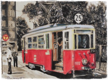 Painting titled "Tram in Bedzin of t…" by Leszek Gaczkowski, Original Artwork, Gouache