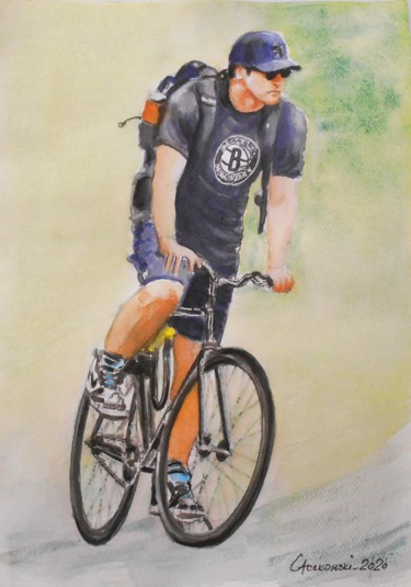 Painting titled "By bicycle" by Leszek Gaczkowski, Original Artwork, Watercolor