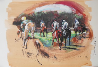 Painting titled "Horse Racing I" by Leszek Gaczkowski, Original Artwork, Gouache