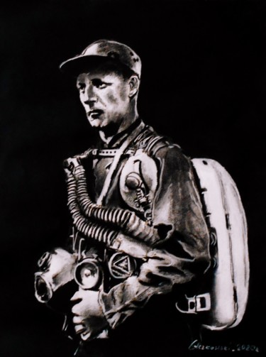 Pintura titulada "A mine rescuer in t…" por Leszek Gaczkowski, Obra de arte original, Carbón