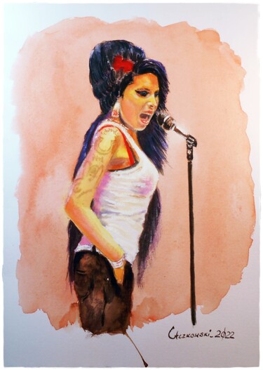 Painting titled "Amy Winehouse" by Leszek Gaczkowski, Original Artwork, Watercolor