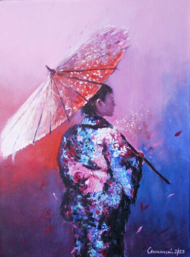 Malerei mit dem Titel "Asian Beauty - Pink" von Leszek Gaczkowski, Original-Kunstwerk, Öl
