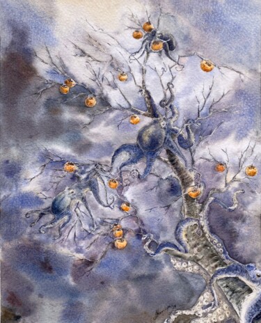 Peinture intitulée "Harvesting (persimm…" par Leyla Kamliya, Œuvre d'art originale, Aquarelle