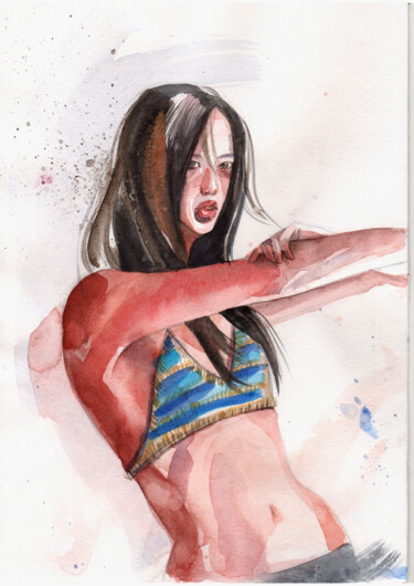 Painting titled ""Asian Girl"" by Leyla Zhunus, Original Artwork, Watercolor