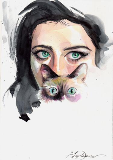 Картина под названием ""Woman and cat"" - Leyla Zhunus, Подлинное произведение искусства, Акварель