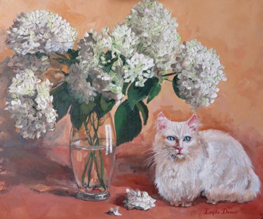 Painting titled "hydrangea bouquet s…" by Leyla Demir, Original Artwork, Oil