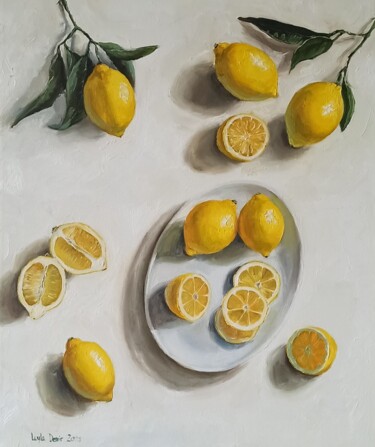 Painting titled "Lemon fruit on whit…" by Leyla Demir, Original Artwork, Oil Mounted on Wood Stretcher frame