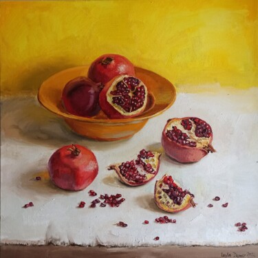 Painting titled "Pomegranate on yell…" by Leyla Demir, Original Artwork, Oil Mounted on Wood Stretcher frame