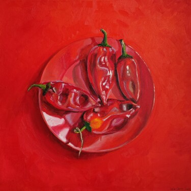 Malarstwo zatytułowany „Fiery Red Still Lif…” autorstwa Leyla Demir, Oryginalna praca, Olej Zamontowany na Drewniana rama no…