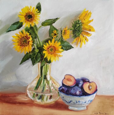 Pintura intitulada "Sunflowers in a Vase" por Leyla Demir, Obras de arte originais, Óleo Montado em Armação em madeira