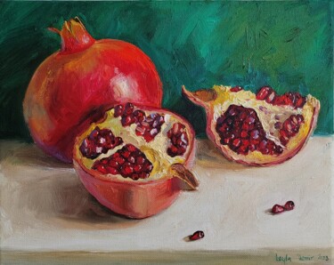 Ζωγραφική με τίτλο "Pomegranate fruit s…" από Leyla Demir, Αυθεντικά έργα τέχνης, Λάδι Τοποθετήθηκε στο Ξύλινο φορείο σκελετό