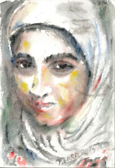 Drawing titled "GIRL IN A WHITE SCA…" by Karakhan, Original Artwork, Watercolor