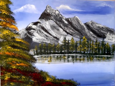Картина под названием "Горы у озера" - Артем Гаценко, Подлинное произведение искусства, Акрил Установлен на Деревянная рама…