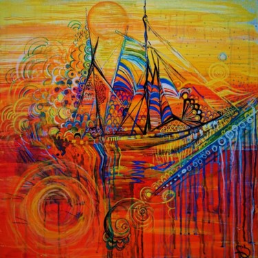 Pittura intitolato "Boat, Orange Painti…" da Lika Kakhidze, Opera d'arte originale, Acrilico